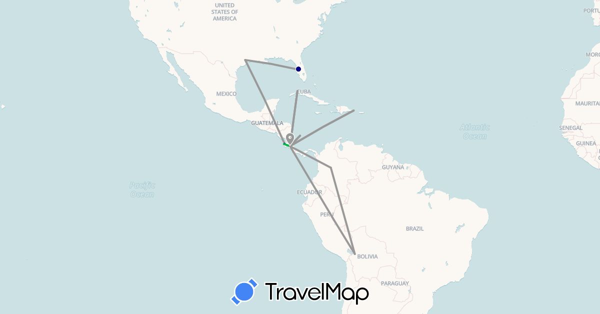 TravelMap itinerary: driving, bus, plane in Bolivia, Colombia, Costa Rica, Cuba, Dominican Republic, United States (North America, South America)