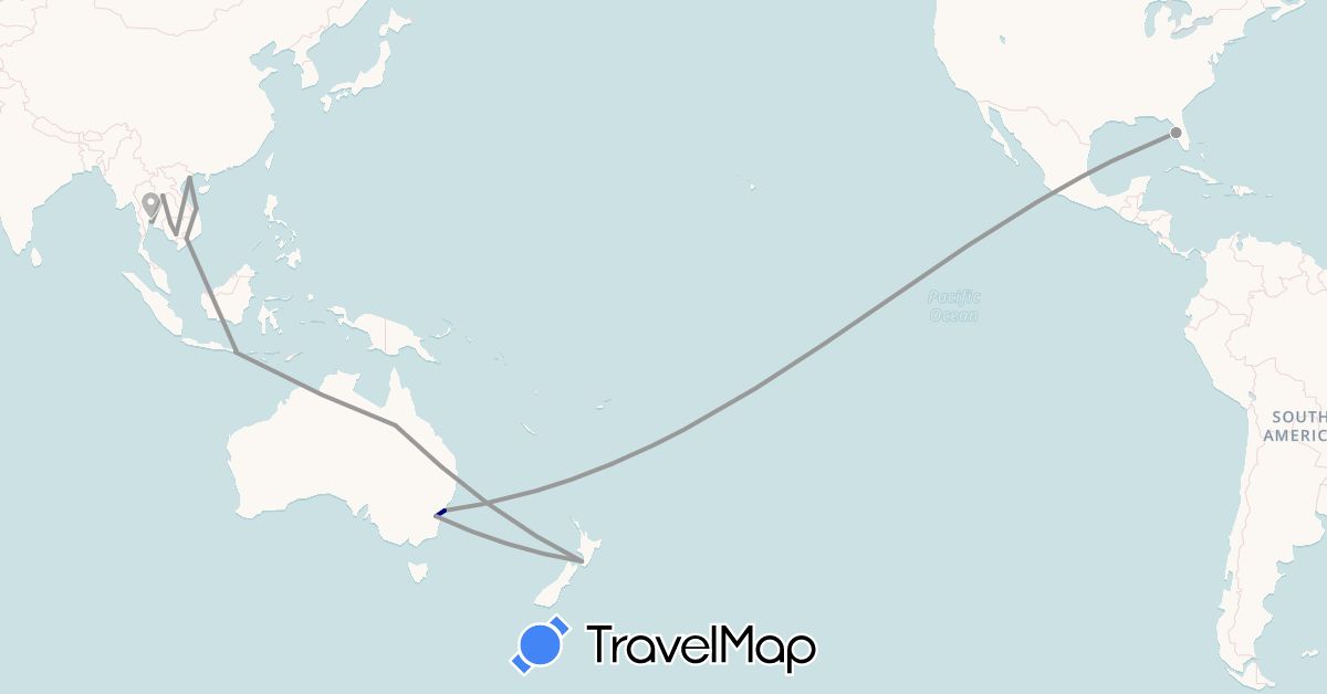 TravelMap itinerary: driving, plane in Australia, Indonesia, Cambodia, Laos, New Zealand, Thailand, United States, Vietnam (Asia, North America, Oceania)